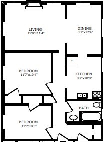 A black and white image of a floor plan for a two bedroom apartment.